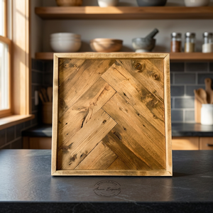 Handmade Rustic Square Wooden Tray with Chevron Pattern for Serving <b>Breakfast</b> Snacks or As Decorative Tabletop Accent - Product Image 1