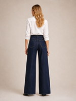 Celana Jeans Wanita Warna Indigo Tua Vintage Jacquard Pinggang Tinggi Model Kaki Lebar