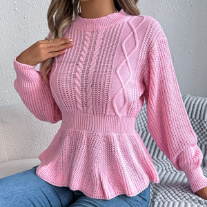 Fall/Winter Solid Color Twisted Waistline Ruffled Long-Sleeve <b>Pullover</b> <b>Sweater</b> Fashion - Product Image 1