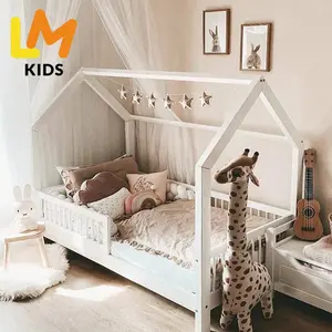 LM KIDS high loft beds house cot beds for kids Bedroom Furniture Solid Wooden Kids Montessori Floor Bed Moder