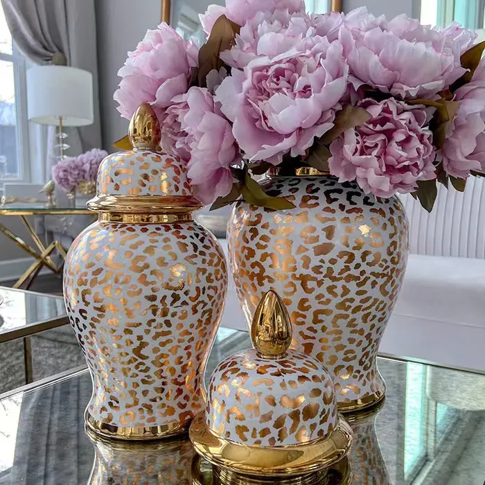 カスタムホームホテルの装飾的な大きな大きな白と金のヒョウ柄の花瓶セラミックジンジャーを出荷する準備ができています