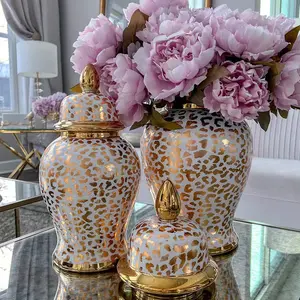 Pronto para enviar Custom Home Hotel Decorativa Grande Branco e Ouro Leopardo Imprimir Vaso Cerâmica Ginger Jar