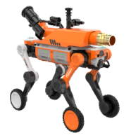 Robot chien à roues pour la lutte contre les incendies, équipé de divers modules, avec interfaces d'extension