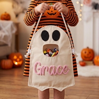 Sac à bonbons d'Halloween personnalisé avec motif fantôme, sac fourre-tout pour bonbons avec nom personnalisé et volant écossais, sac d'Halloween réutilisable pour enfants