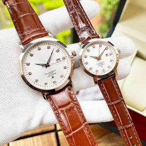 Montres pour homme et femme avec cadran noir, index des heures en diamant, affichage de la date, bracelet en cuir à motif crocodile, quartz Omegaes - Product Image 3