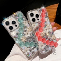 Coque de téléphone portable de luxe scintillante motif floral pour iPhone 17 16 15 14 13 Pro Max, antichoc, avec dos transparent orné de diamants et de paillettes