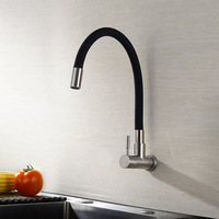 Robinet de cuisine mural en acier inoxydable 304, eau froide, avec bec flexible col de cygne en silicone noir anti-éclaboussures