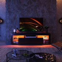 Meuble TV moderne noir de 63 pouces avec éclairage LED RGB 20 couleurs, 2 grands tiroirs et étagères en verre trempé, console multimédia pour téléviseurs jusqu'à 70 pouces