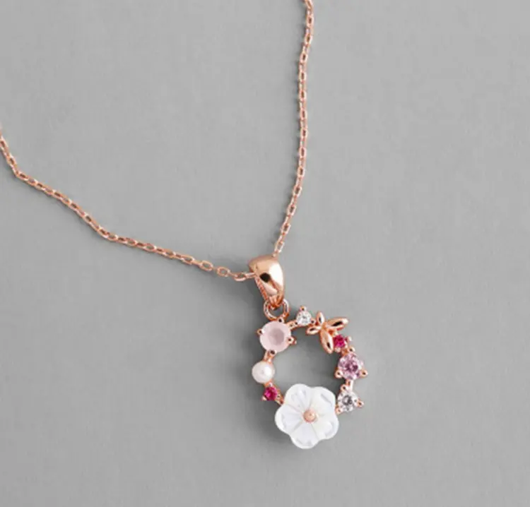 Fancy design rose gold shell flower zircon butterfly necklace bijoux