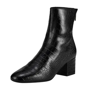 दौर पैर की अंगुली ब्लॉक मध्य-एड़ी 7.5cm ऊंचाई डिजाइन काले चमड़े महिला टखने जूते जूते के साथ बनाया
