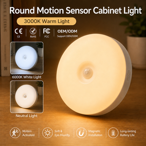 <b>Rechargeable</b> Motion Sensor LED <b>Night</b> <b>Light</b>, 3Color Stepless Dimmable Type-C Round Wall <b>Light</b> for Bedroom Hallway Stairway Closet - Product Image 1