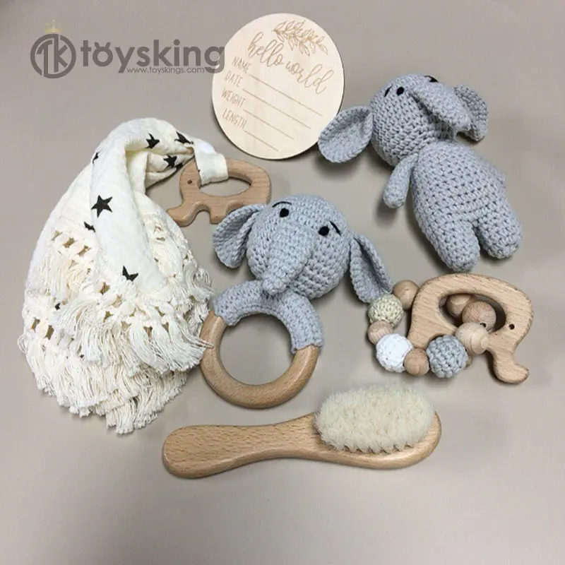 Wholesale Crochet Cotton Animal Wooden Baby Teether Rattle Elephant Crochet Rattle Toy Gift Set