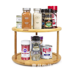 Bamboo Rotating Storage Rack Two Tier <b>Kitchen</b> Condiment Organizer Pine Material Minimalist Style - Product Image 1