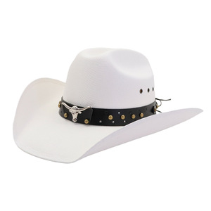 Chapeau de paille de cowboy <span class=keywords><strong>N134</strong></span> pour femmes et hommes, chapeau de protection solaire en paille de papier avec bande décorative en forme de taureau pour les vacances et les activités de plein air - Product Image 1