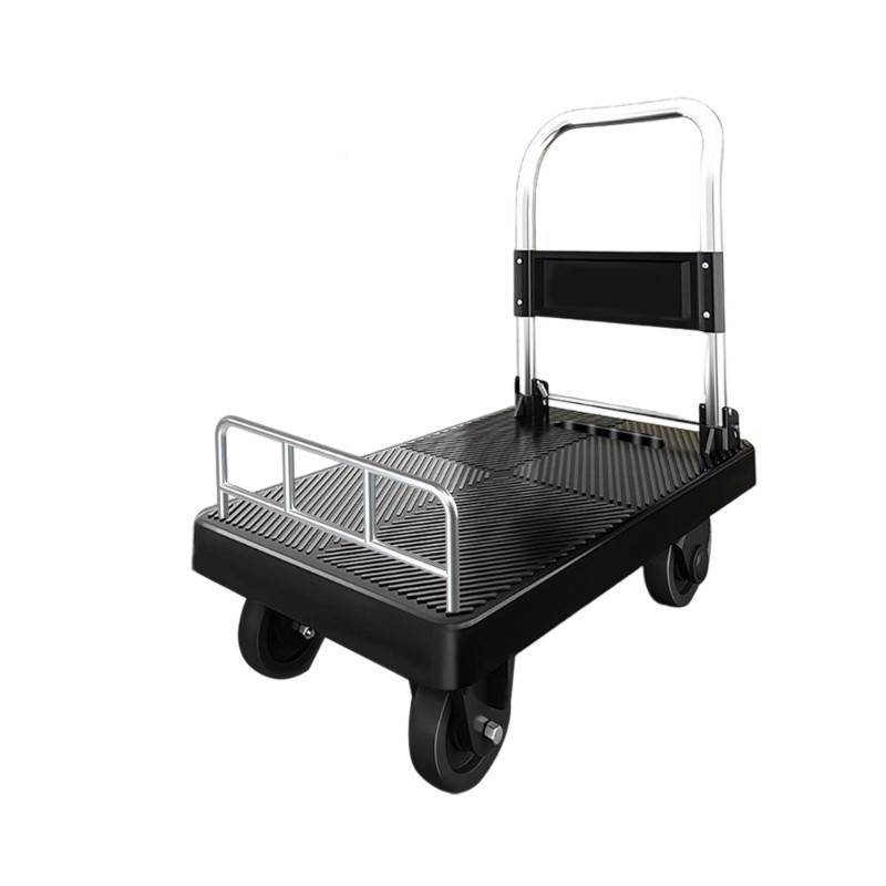 AOCHEN Anti-Slip Textured Platform Cart with Folding Handle, Single Metal Railing Swivel Casters