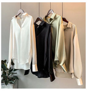 Camicia <span class=keywords><strong>bianca</strong></span> da donna con bottone in <span class=keywords><strong>raso</strong></span> di seta top da donna a manica lunga <span class=keywords><strong>blusa</strong></span> con scollo a V in <span class=keywords><strong>raso</strong></span> Vintage con colletto rovesciato - Product Image 6