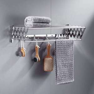 Porte-serviettes mural pliable en acier inoxydable avec crochets, finition poli miroir, 2 barres extensibles, support de serviettes de salle de bain - Product Image 2