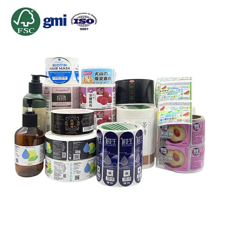 GMI Fsc Customized Logo Printed Recycled Sticker Waterproof Self Adhesive Vinyl Roll Bottle Packaging Label Stickers