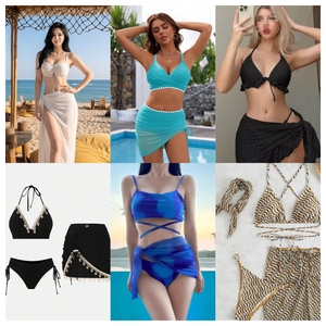 Women Solid Color Deep V Neck Crossed Halter Top <b>Skirt</b> Bottom Stretch Swimwear Spandex Nylon Regular Fit <b>Bikini</b> 3 Piece Set - Product Image 1
