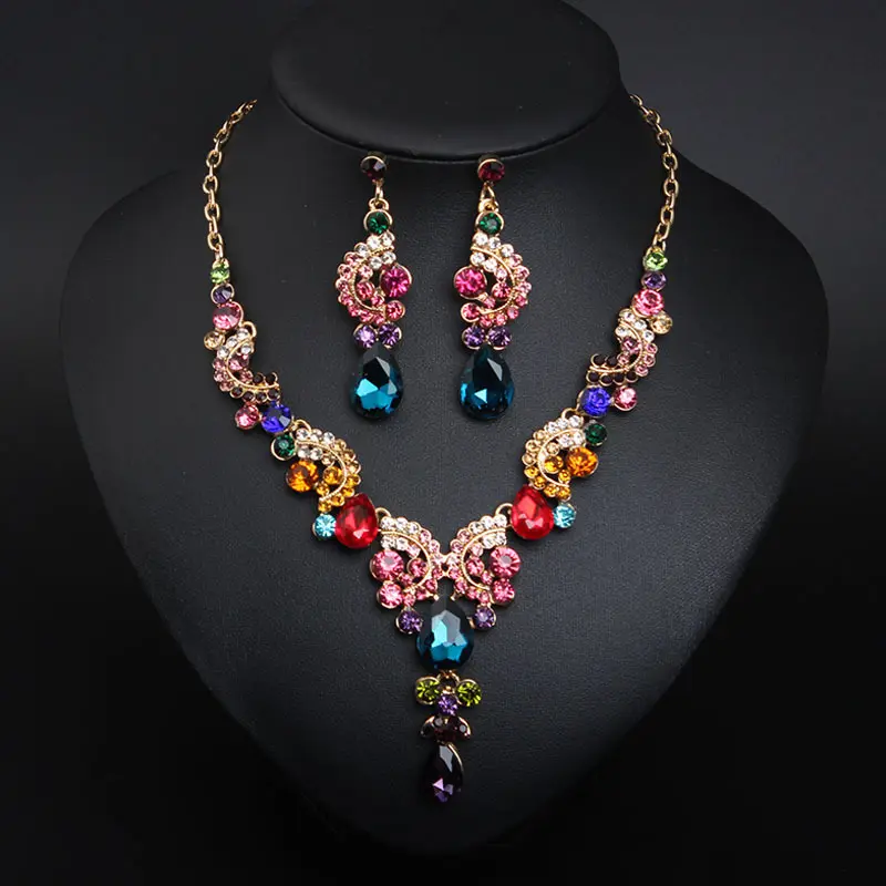 Multi Color Crystal Wedding Jewelry Set Rhinestone Party Water Drop Necklace Brincos Para Mulheres