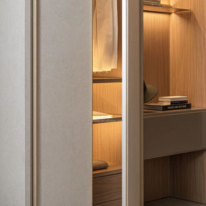 Puerta de cuero Estantería de ropa Almacenamiento de acero Gabinete de sistemas de diseño <span class=keywords><strong>con</strong></span> <span class=keywords><strong>espejo</strong></span> de madera L Armarios integrados - Product Image 1