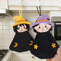 FF6197 Kain Lap Tangan Bahan Coral Fleece untuk Rumah Tangga, Hadiah Halloween, Penyihir Lucu, Kucing Hitam, Handuk Tangan Penyerap Air