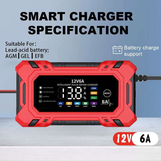 Auto Smart 12V Battery Charger 12V 6A Lifepo4 Lead Acid Battery Charger Voltage Current Dual Display 12v Car Battery Charger