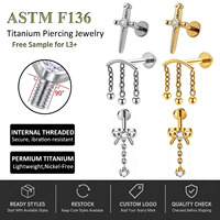 Boucles d'oreilles plates Freya pour femmes, avec pampilles et chaînes, pour piercing hélix, cartilage, conque, labret, lèvre, bijoux de corps