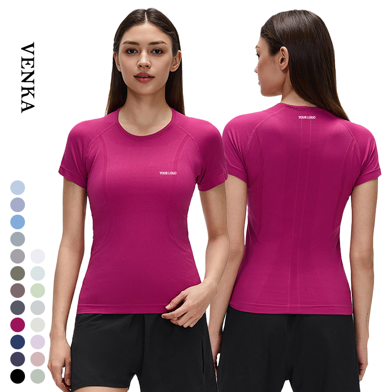 Women's Seamless Round Neck Jacquard Weaving Sports T-Shirt Lightweight Short Sleeve Slimming Breathable Casual Fitness Yoga Top