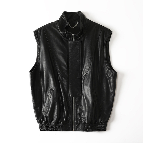 Waxed Leather Drop-shoulder European and American Biker-style Leather Vest Jacket