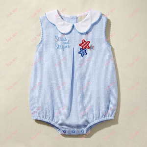 Abito da festa per bambina con colletto a conchiglia in seersucker personalizzato, per neonati, primavera estate, con monogramma, per il 4 luglio - Product Image 2