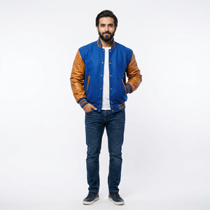 แจ็คเก็ต Letterman Varsity คุณภาพสูง ปี 2025 สำหรับผู้ชาย ฤดูหนาว ปักลายด้านหน้า สีพื้น ผ้าขนสัตว์ ดีไซน์ปรับแต่งได้ - Product Image 1