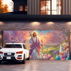 Bannière <span class=keywords><strong>de</strong></span> porte <span class=keywords><strong>de</strong></span> garage Joyeuses Pâques Jésus et les œufs avec fleurs, pour la maison, l'église, la décoration <span class=keywords><strong>de</strong></span> printemps - Product Image 4