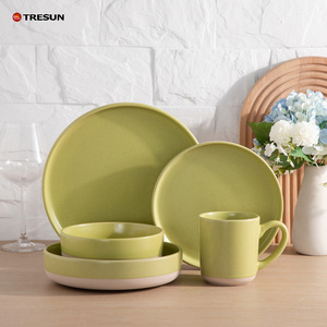 Juego de vajilla de cerámica esmaltada verde hecho a mano, platos, tazones y tazas de gres de dos tonos para el hogar, restaurante, venta al por mayor - Product Image 1