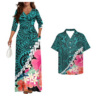 Ropa elegante de talla grande para parejas, estampado de Tapa Polinesia, vestido informal para mujer, fiesta, playa, negro, camisas Aloha a juego personalizadas para hombre - Product Image 3