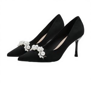 Custom Logo Women's Bridal Wedding Shoes Spring Summer Satin Closed Toe Thin Heel 8cm Lightweight <b>Pumps</b> - Product Image 1