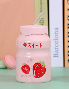 Mugs en céramique personnalisables avec couvercle, portables, mignons, motif fraise, pour enfants, lait, école, café, vente en gros - Product Image 4