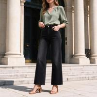 Jean Solstice taille haute coupe droite en denim extensible noir uni pour la saison automne