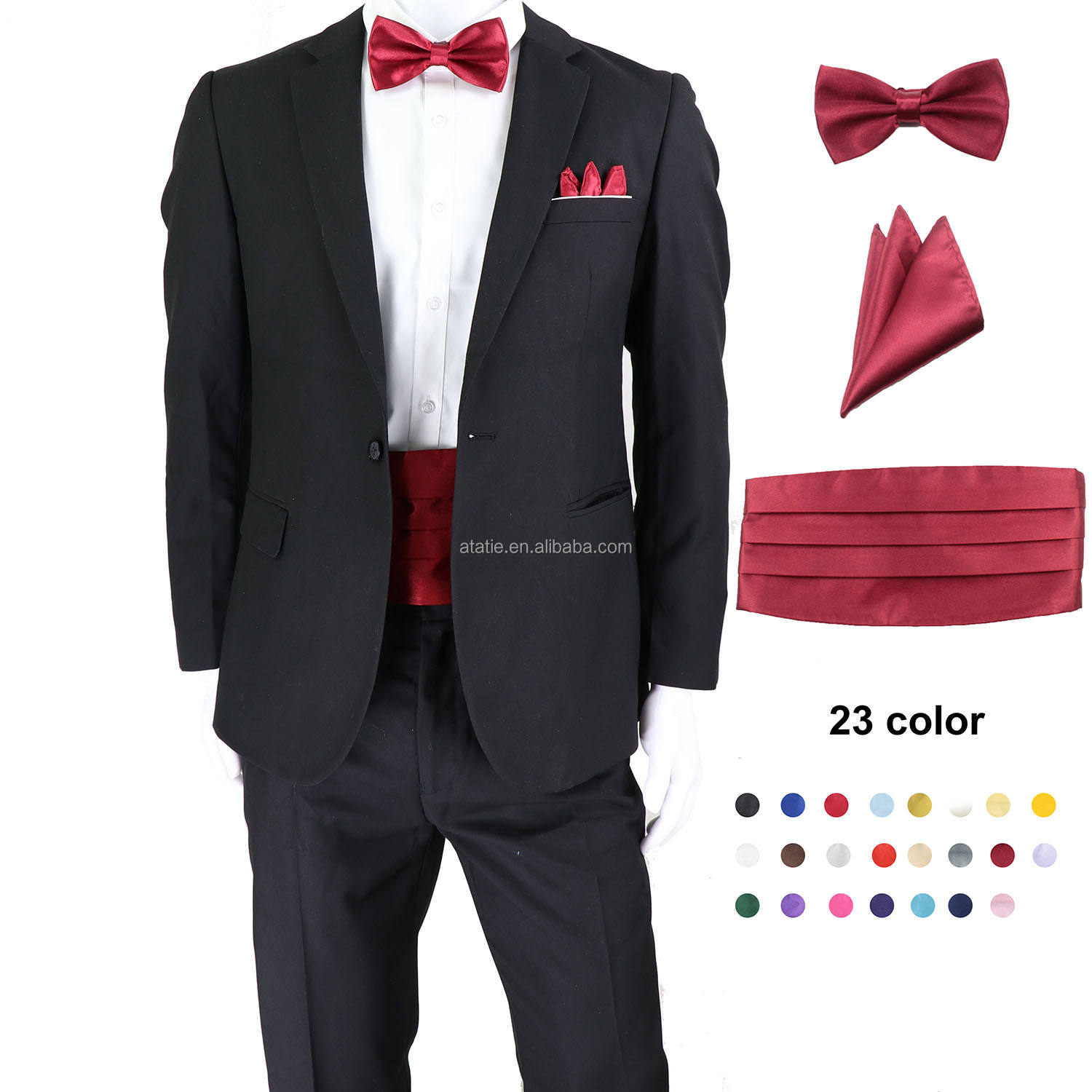 Wine Red 23 Solid Color Men Elastic Cummerbund Waist Seal Bow Tie Set  Pocket Square Formal Luxury Tuxedo Suit Accessories Gift