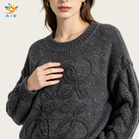 AJB 2026 Pull décontracté pour femme, coupe ample, en maille côtelée, col rond, manches longues, mélange laine et nylon, vente en gros OEM