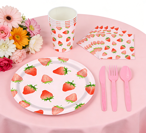 <span class=keywords><strong>Vaisselle</strong></span> jetable rose pour fête d'anniversaire sur le thème des fraises, baby shower, pique-nique, pour filles - Product Image 4