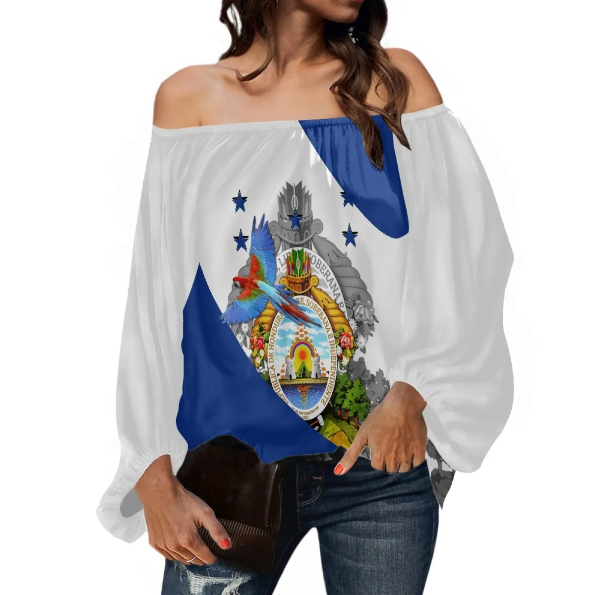 Logo salvadorien Design femmes chemises à manches longues impression sur demande une épaule Puls taille Blouse personnalisé en gros Vintage Blouse