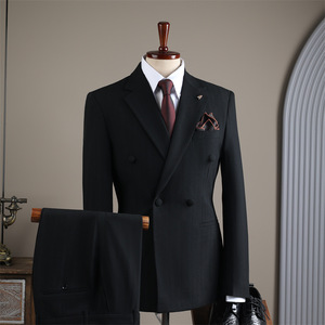 Conjunto de 2 Piezas para <span class=keywords><strong>Hombre</strong></span>, Blazer Cruzado, Chaleco <span class=keywords><strong>con</strong></span> Cuello Camisero, Pantalón de Pierna Recta, Traje Estilo Británico - Product Image 4