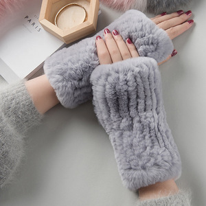 Gants en <span class=keywords><strong>cuir</strong></span> tricotés sans doigts en vraie fourrure de lapin pour <span class=keywords><strong>femme</strong></span>, mitaines thermiques d'hiver pour le cyclisme, le ski, les activités de plein air et le quotidien - Product Image 1