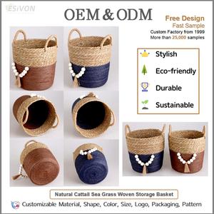 Cesta de Almacenamiento de Cuerda de Papel y Junco Marino Tejida a Mano con Borlas de Cuentas para Sala de Estar, Guardería, Entrada, Organizador <span class=keywords><strong>del</strong></span> Hogar, Venta al por Mayor - Product Image 2