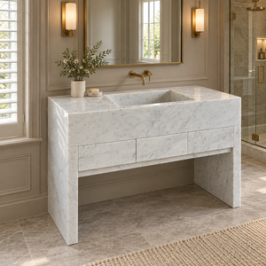 UnionStone Meuble-lavabo de salle de bain de luxe en marbre blanc de Carrare, rectangulaire, à trois trous, poli, style côtier, à fixation murale, certifié NSF - Product Image 3