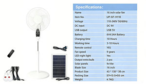 Ventilador Solar de Pedestal Recargable de 16 Pulgadas con 5 Aspas, Salida USB, Doble Alimentación para Uso en Exteriores y en el Hogar UP-SF-H116 Solar-P - Product Image 6