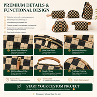 Pochette cosmétique tissée avec logo personnalisé, en cuir PU noir et beige à carreaux, trousse de maquillage, trousse de toilette de voyage, organiseur de beauté, OEM ODM