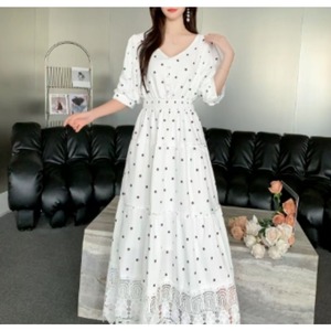 Abito elegante da sera da donna elegante da donna con maniche a pois a sbuffo in pizzo a trapezio con lunghezza <span class=keywords><strong>Midi</strong></span> Vestidos drappeggiati a mano - Product Image 6