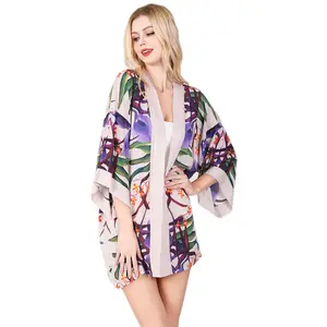 Disegni personalizzati all'ingrosso stampa digitale beach wear cover up ladies kimono robe front open cardigan dress